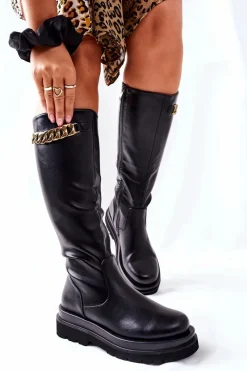 New Damskie buty S.Barski Damskie Wysokie Czarne Kozaki z Łańcuchem Vivien