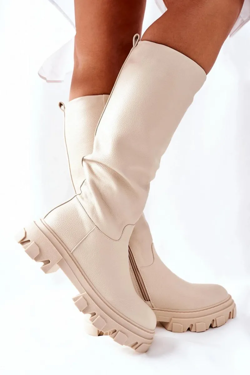 Kozaki Płaskie|Kozaki Przed Kolano>Damskie buty S.Barski Damskie Wysokie Kozaki Beżowe Little Bit