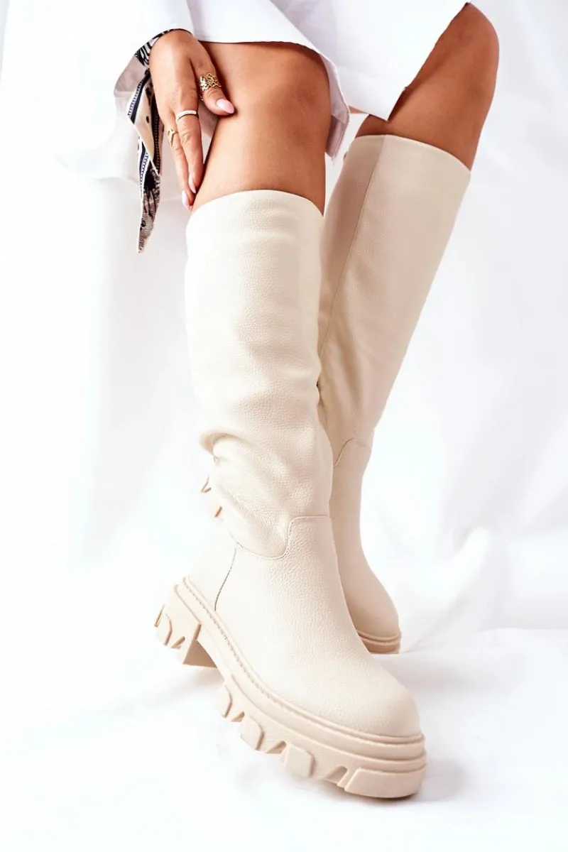 Kozaki Płaskie|Kozaki Przed Kolano>Damskie buty S.Barski Damskie Wysokie Kozaki Beżowe Little Bit