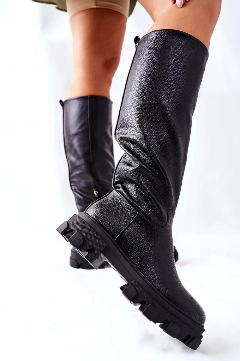 Sale Damskie Wysokie Kozaki Czarne Little Bit Damskie Kozaki Płaskie|Kozaki Przed Kolano