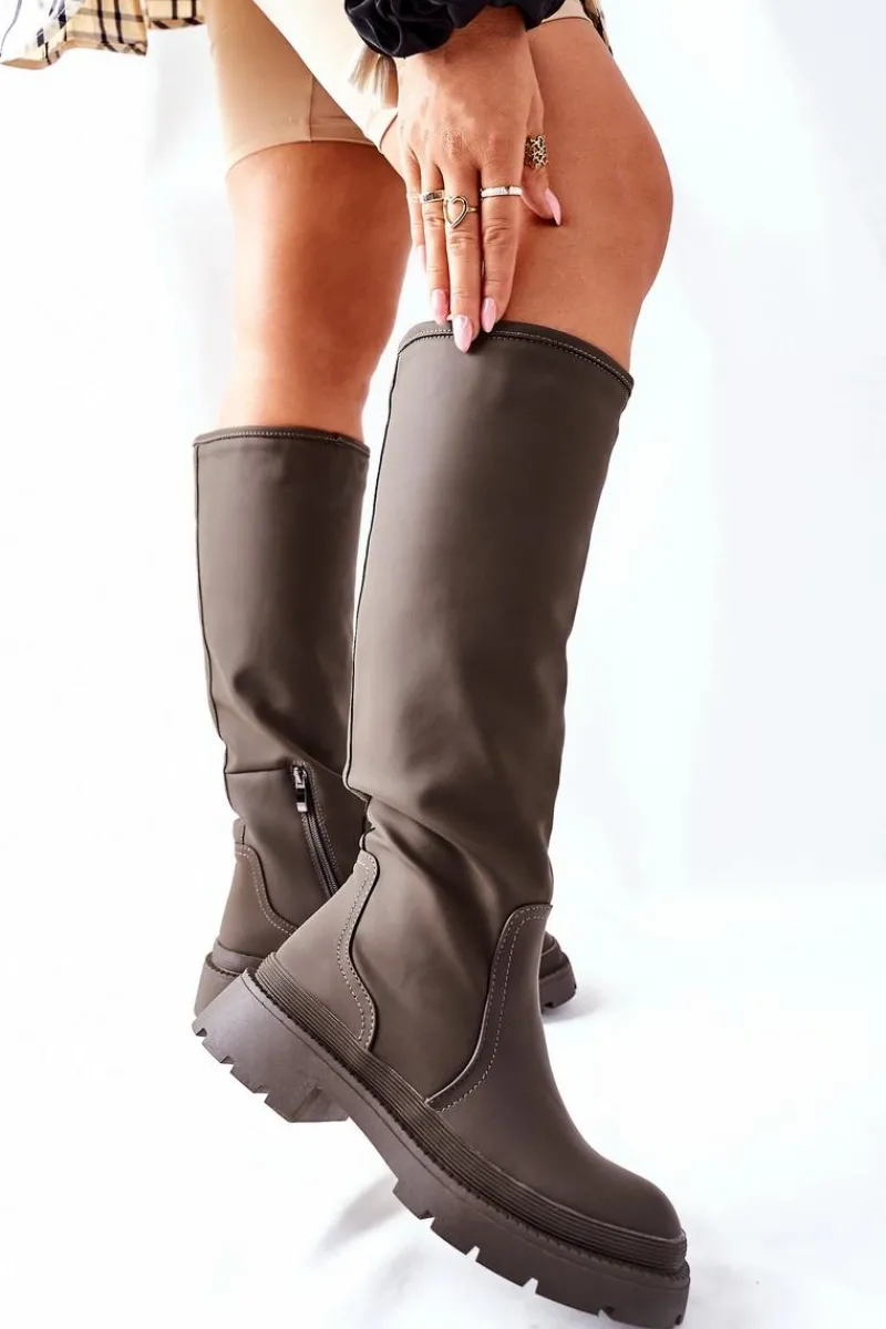 Kozaki Ocieplane|Kozaki Płaskie>Damskie buty S.Barski Damskie Wysokie Kozaki Khaki Whats Going On Zielony