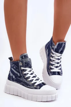 New Boto Damskie Wysokie Materiałowe Trampki Granatowe Degas