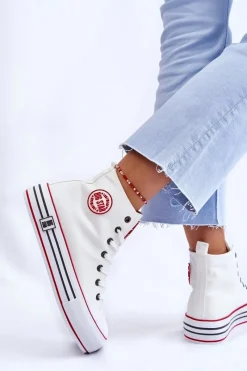 Trampki Damskie Big Star|Trampki Damskie Wysokie>Big Star Shoes Damskie Wysokie Materiałowe Trampki Na Platformie Big Star LL274185 Białe Biały