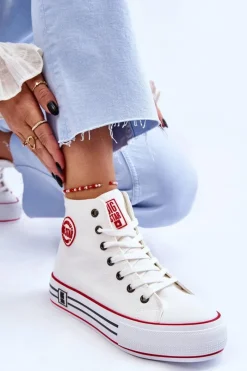 Trampki Damskie Big Star|Trampki Damskie Wysokie></noscript>Big Star Shoes Damskie Wysokie Materiałowe Trampki Na Platformie Big Star LL274185 Białe Biały