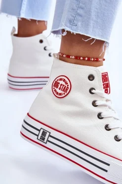 Trampki Damskie Big Star|Trampki Damskie Wysokie></noscript>Big Star Shoes Damskie Wysokie Materiałowe Trampki Na Platformie Big Star LL274185 Białe Biały