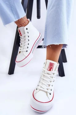 Trampki Damskie Big Star|Trampki Damskie Wysokie></noscript>Big Star Shoes Damskie Wysokie Materiałowe Trampki Na Platformie Big Star LL274185 Białe Biały