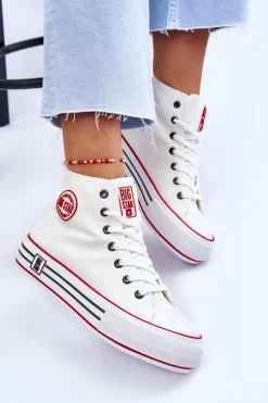 Trampki Damskie Big Star|Trampki Damskie Wysokie></noscript>Big Star Shoes Damskie Wysokie Materiałowe Trampki Na Platformie Big Star LL274185 Białe Biały