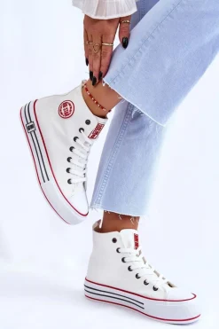 Trampki Damskie Big Star|Trampki Damskie Wysokie></noscript>Big Star Shoes Damskie Wysokie Materiałowe Trampki Na Platformie Big Star LL274185 Białe Biały