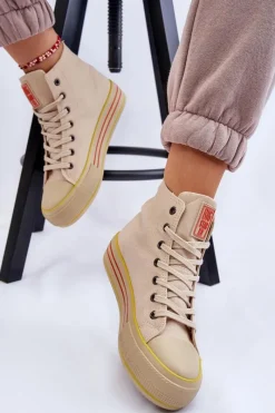 Online Damskie Wysokie Materiałowe Trampki Na Platformie Big Star LL274187 Beżowe Damskie Trampki Damskie Big Star|Trampki Damskie Wysokie