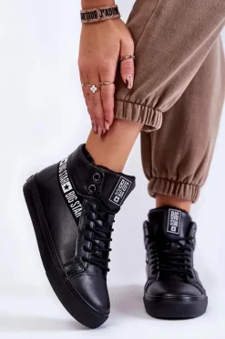 Trampki Ocieplane|Trampki Damskie Big Star>Big Star Shoes Damskie Wysokie Ocieplane Skórzane Trampki Big Star EE274355 Czarne