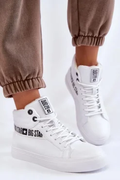 Discount Damskie Wysokie Ocieplane Skórzane Trampki Big Star EE274356 Białe Damskie Trampki Ocieplane|Trampki Damskie Big Star