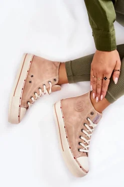 Outlet Damskie Wysokie Ocieplane Trampki KK2R4045C Beżowe Damskie Trampki Damskie Cross Jeans|Trampki Ocieplane