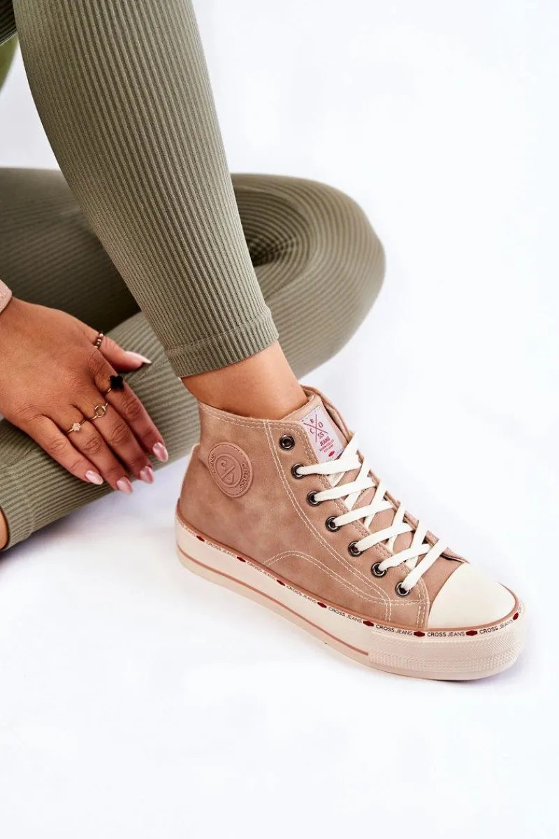 Outlet Damskie Wysokie Ocieplane Trampki KK2R4045C Beżowe Damskie Trampki Damskie Cross Jeans|Trampki Ocieplane