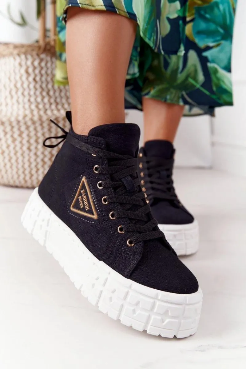 Trampki Damskie Wysokie>Boto Damskie Wysokie Tenisówki Na Platformie Czarne Manhattan