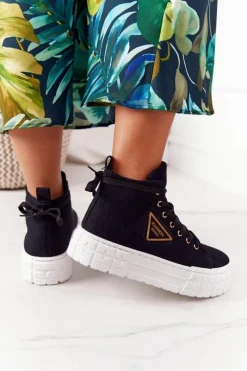 Trampki Damskie Wysokie>Boto Damskie Wysokie Tenisówki Na Platformie Czarne Manhattan