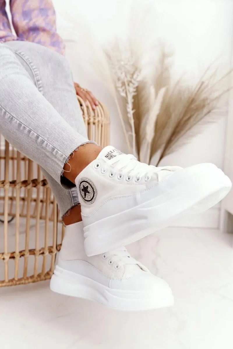 Trampki Damskie Wysokie>Boto Damskie Wysokie Trampki Na Platformie Białe Nice Girl