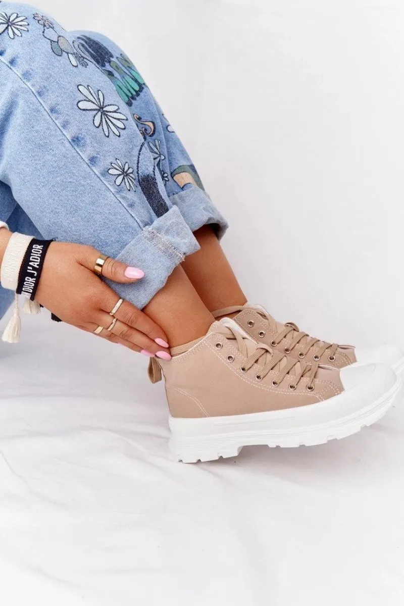 Trampki Damskie Wysokie>Boto Damskie Wysokie Trampki Na Dużej Podeszwie Jasny Brąz Trissy Brązowy