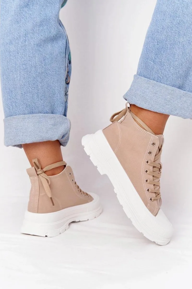 Trampki Damskie Wysokie>Boto Damskie Wysokie Trampki Na Dużej Podeszwie Jasny Brąz Trissy Brązowy