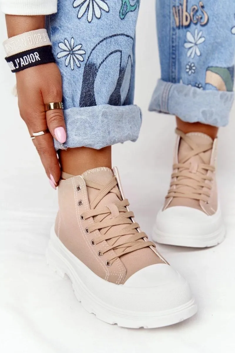 Trampki Damskie Wysokie>Boto Damskie Wysokie Trampki Na Dużej Podeszwie Jasny Brąz Trissy Brązowy