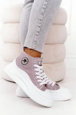 Trampki Damskie Wysokie>Boto Damskie Wysokie Trampki Na Platformie Szare Nice Girl