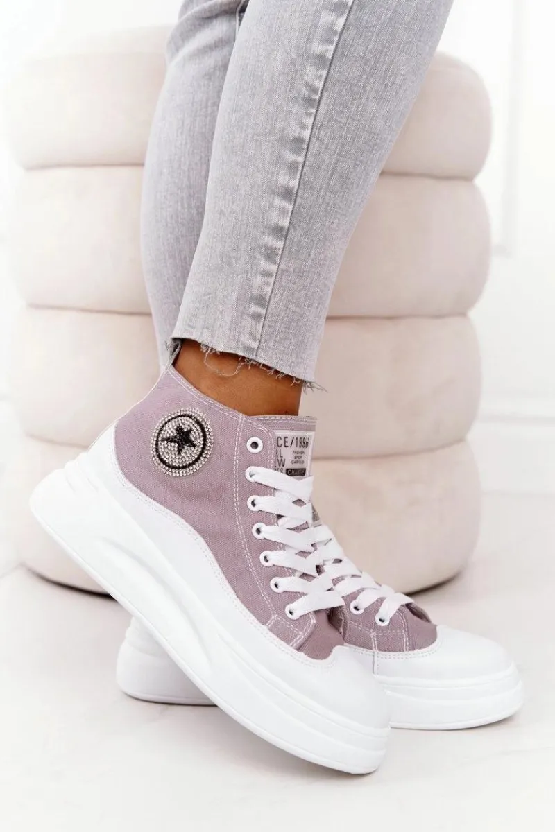 Trampki Damskie Wysokie>Boto Damskie Wysokie Trampki Na Platformie Szare Nice Girl