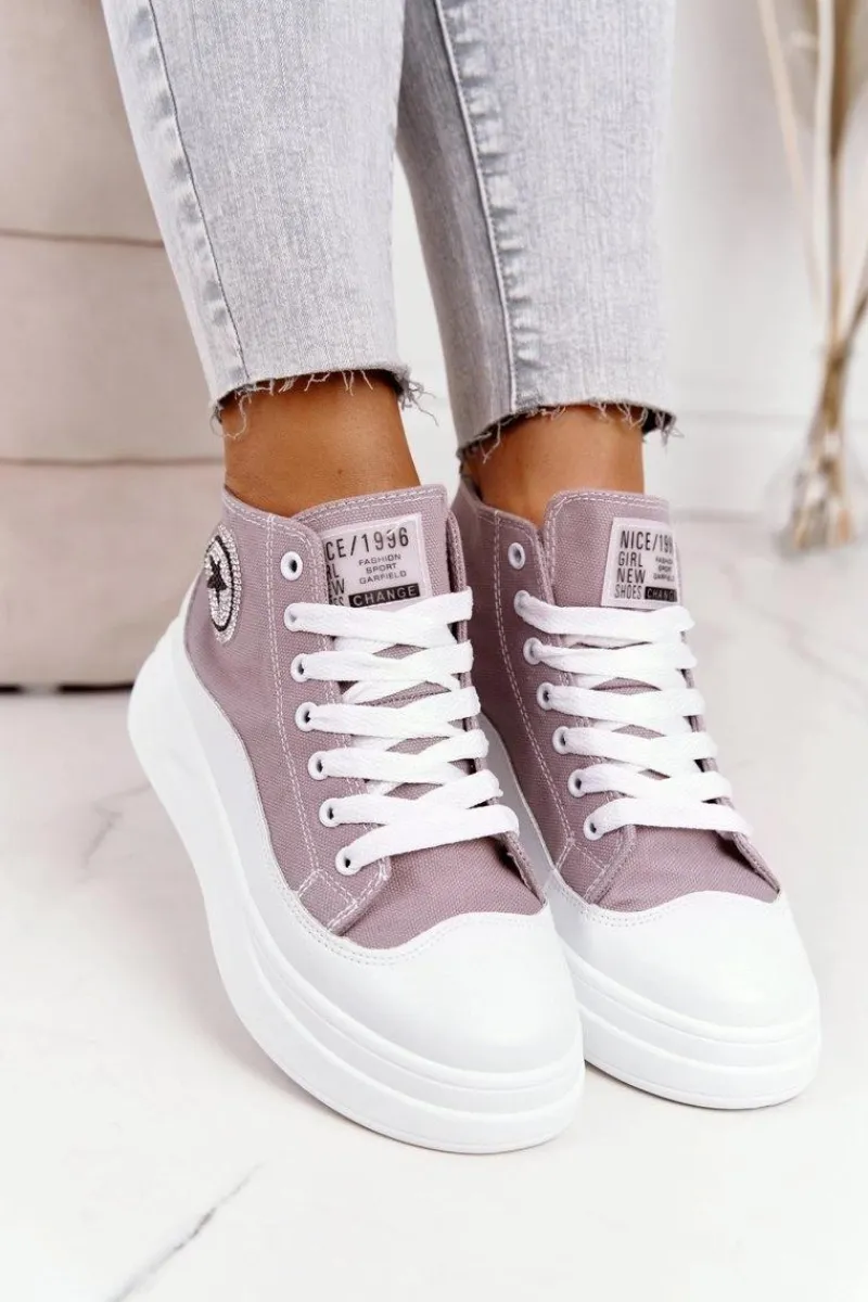 Trampki Damskie Wysokie>Boto Damskie Wysokie Trampki Na Platformie Szare Nice Girl