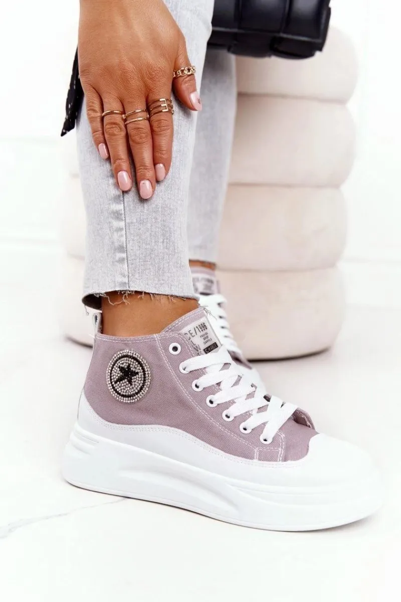 Trampki Damskie Wysokie>Boto Damskie Wysokie Trampki Na Platformie Szare Nice Girl