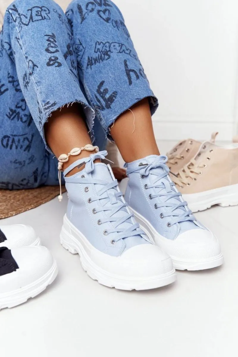 Trampki Damskie Wysokie>Boto Damskie Wysokie Trampki Na Dużej Podeszwie Niebieskie Trissy