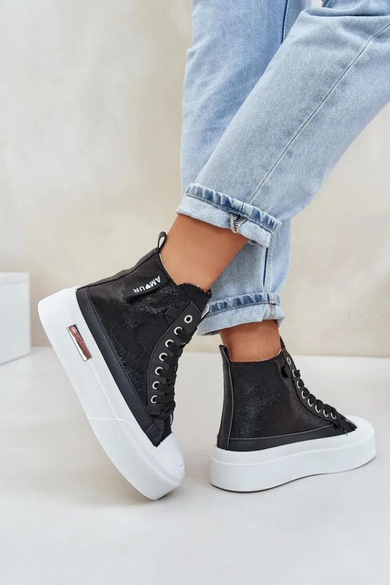 Trampki Damskie Wysokie>Boto Damskie Wysokie Trampki Na Platformie Czarne Averira