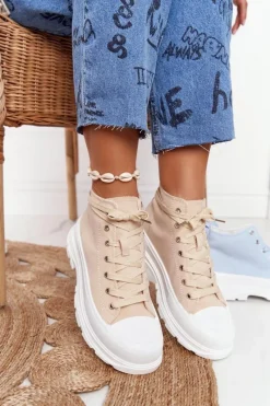 Boto Damskie Wysokie Trampki Na Dużej Podeszwie Beżowo-Białe Trissy