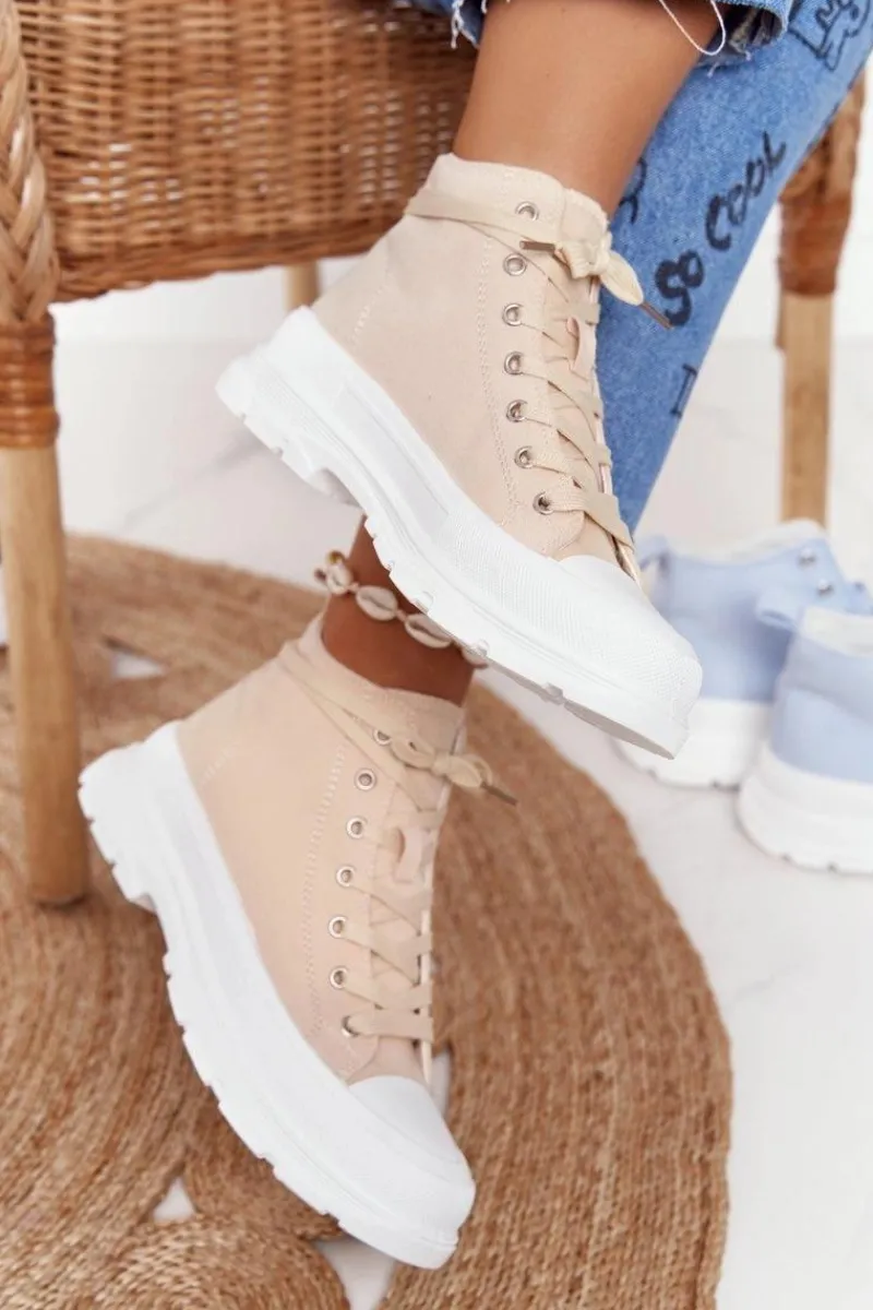 Boto Damskie Wysokie Trampki Na Dużej Podeszwie Beżowo-Białe Trissy