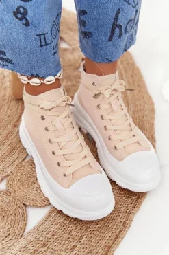 Boto Damskie Wysokie Trampki Na Dużej Podeszwie Beżowo-Białe Trissy