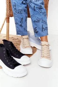 Boto Damskie Wysokie Trampki Na Dużej Podeszwie Beżowo-Białe Trissy