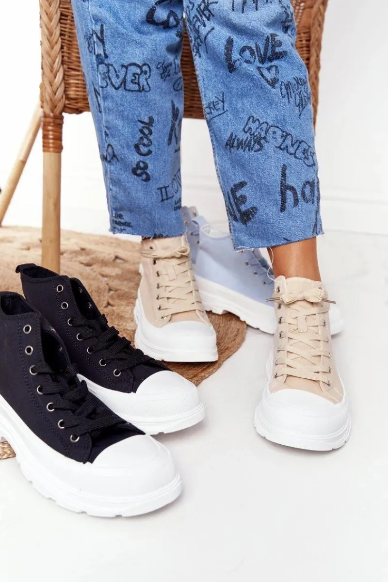 Boto Damskie Wysokie Trampki Na Dużej Podeszwie Beżowo-Białe Trissy