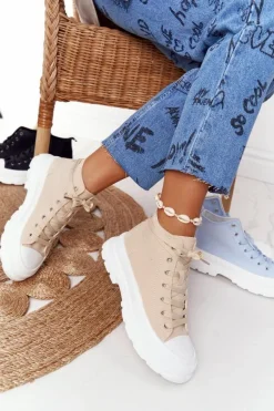 Boto Damskie Wysokie Trampki Na Dużej Podeszwie Beżowo-Białe Trissy