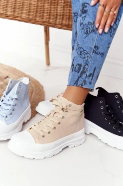 Boto Damskie Wysokie Trampki Na Dużej Podeszwie Beżowo-Białe Trissy