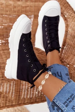 Hot Boto Damskie Wysokie Trampki Na Dużej Podeszwie Czarne Trissy