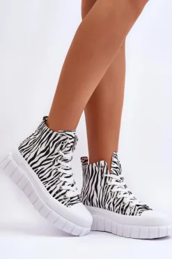 Hot Damskie Wysokie Trampki Wzór Zebry Białe Florensi Damskie Trampki Damskie Wysokie