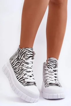 Hot Damskie Wysokie Trampki Wzór Zebry Białe Florensi Damskie Trampki Damskie Wysokie