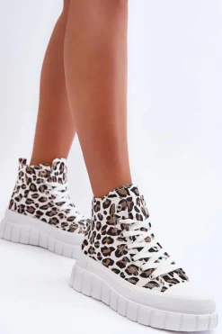 Trampki Damskie Wysokie>Boto Damskie Wysokie Trampki Wzór Leopard Białe Florensi