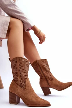 Clearance Damskie Wysokie Zamszowe Botki Kowbojki Brązowe Turner Damskie Botki Wiosenne|Botki Na Słupku