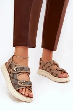 Sale Boto Damskie Wzorzyste Materiałowe Sandały Ze Złotymi Detalami Khaki Pefese Beżowy
