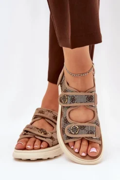 Sale Boto Damskie Wzorzyste Materiałowe Sandały Ze Złotymi Detalami Khaki Pefese Beżowy