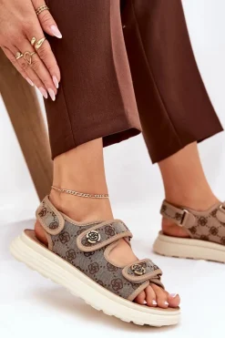 Sale Boto Damskie Wzorzyste Materiałowe Sandały Ze Złotymi Detalami Khaki Pefese Beżowy