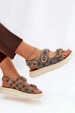 Sale Boto Damskie Wzorzyste Materiałowe Sandały Ze Złotymi Detalami Khaki Pefese Beżowy