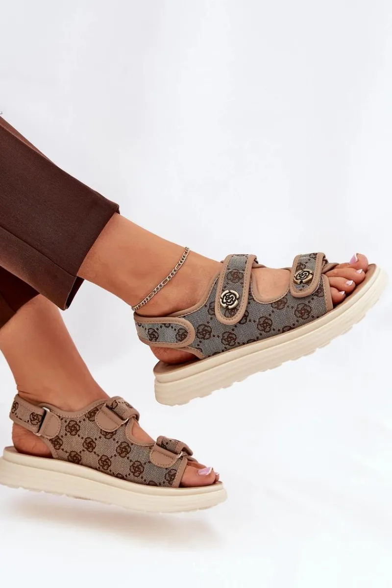 Sale Boto Damskie Wzorzyste Materiałowe Sandały Ze Złotymi Detalami Khaki Pefese Beżowy