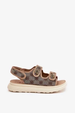 Sale Boto Damskie Wzorzyste Materiałowe Sandały Ze Złotymi Detalami Khaki Pefese Beżowy