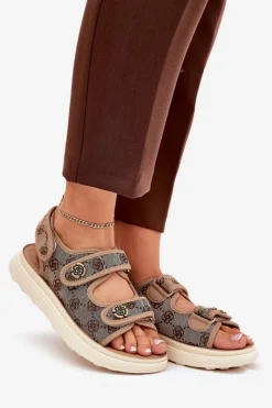Sale Boto Damskie Wzorzyste Materiałowe Sandały Ze Złotymi Detalami Khaki Pefese Beżowy
