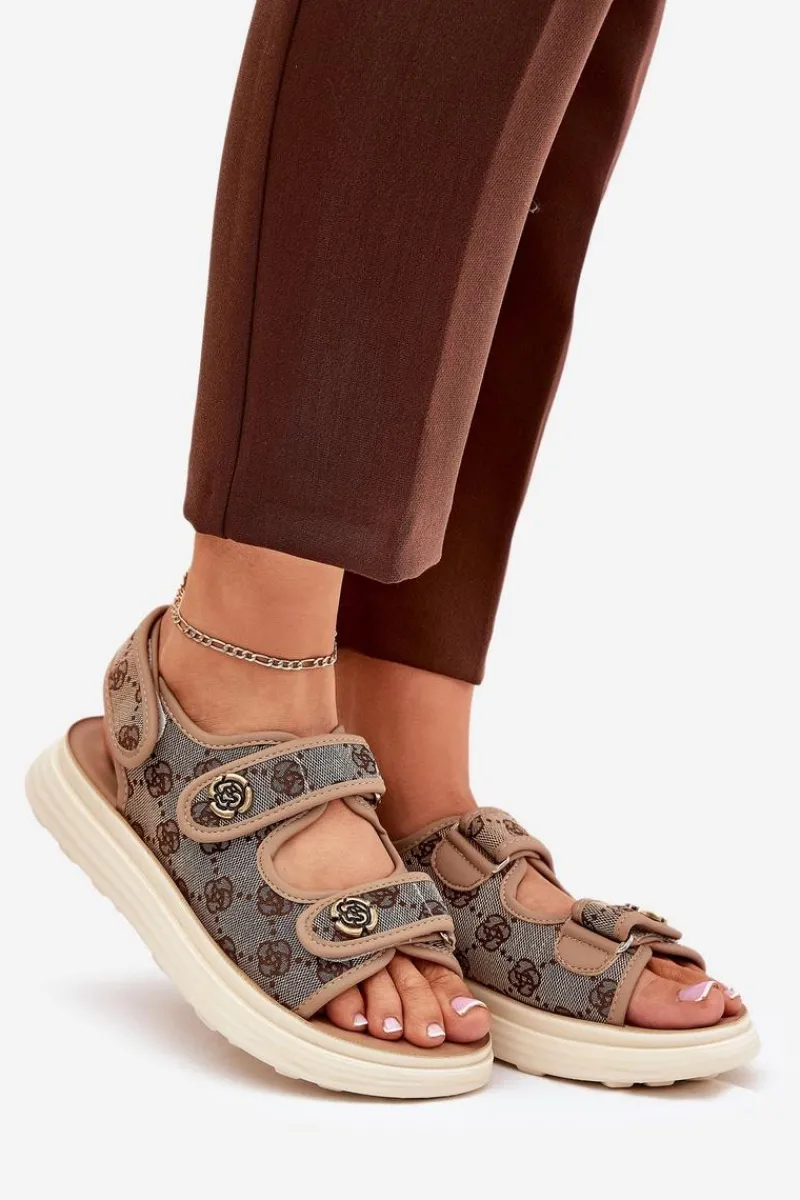 Sale Boto Damskie Wzorzyste Materiałowe Sandały Ze Złotymi Detalami Khaki Pefese Beżowy