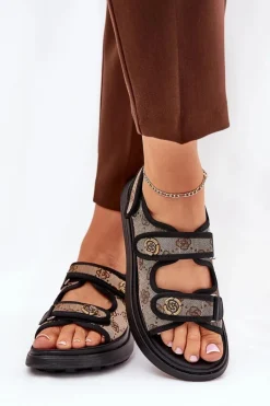 Clearance Damskie Wzorzyste Materiałowe Sandały Ze Złotymi Detalami Beżowo-Czarne Pefese Damskie Sandały Płaskie